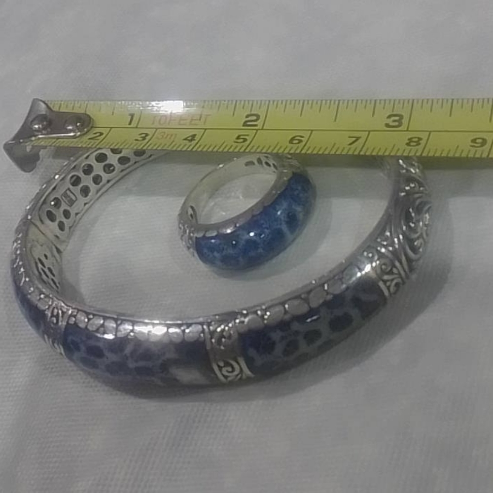 Sterling & Genuine Lapis Gemstones Bracelet & Ring - Picture 2 of 5